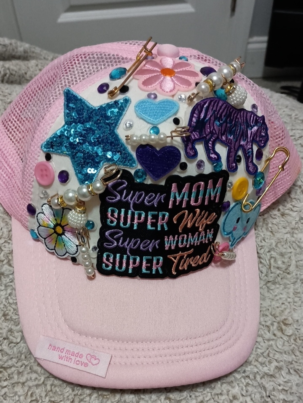 Pink Embellished 'Super Mom' Trucker Cap Brand NEW NEVER WORE